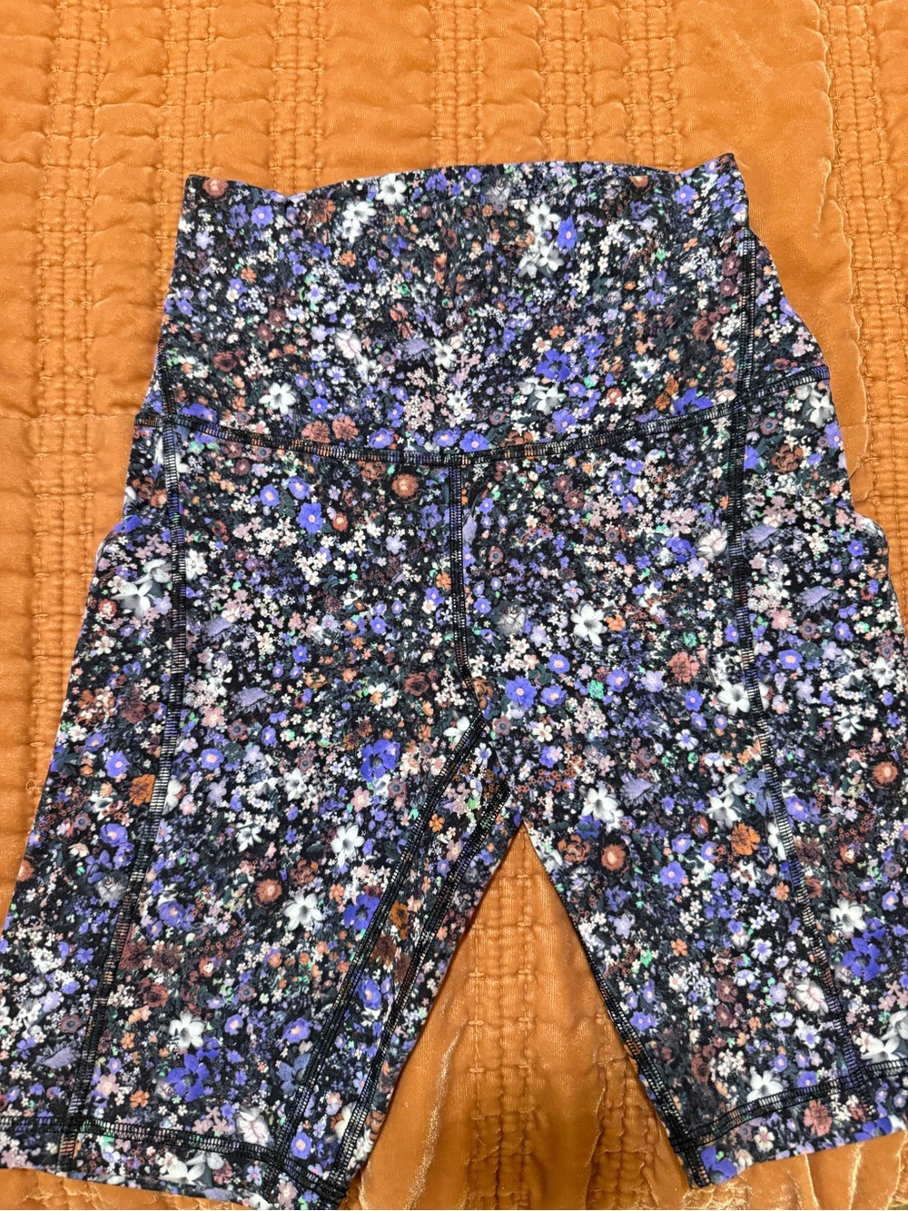 lululemon athletica Black Floral Bike Shorts with Purple and White Accents